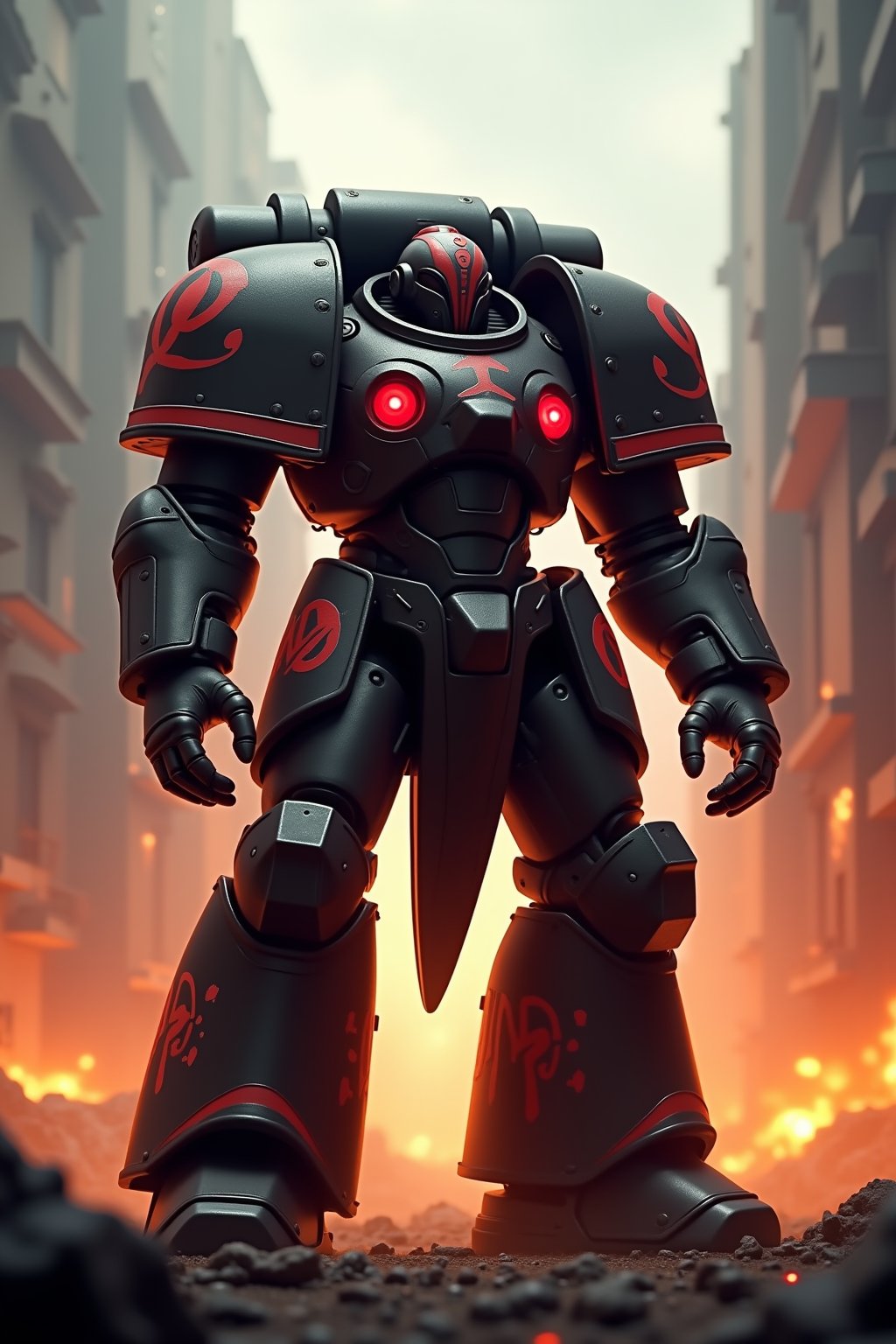 a Warhammer 40k IMPERIUM Skorpek Destroyer \(ek_ct4k\) standing in a battle field,black and red colored armor,ek_game_3ffect,blurry city background,explosion,fire,flame,dynamic angle,upper body shot,ek_art_b00ster