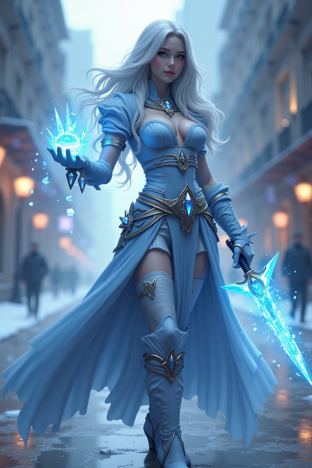 a beautiful girl standing. She uses the magic ring and turns into a beautiful ice magic \(ek_ges1ba\) warrior \(detailed exquisite face\),ek_game_3ffect,dynamic sexy pose,ice elemental effects,ice weapon,blurry city street,realistic,detailed,ek_art_b00ster