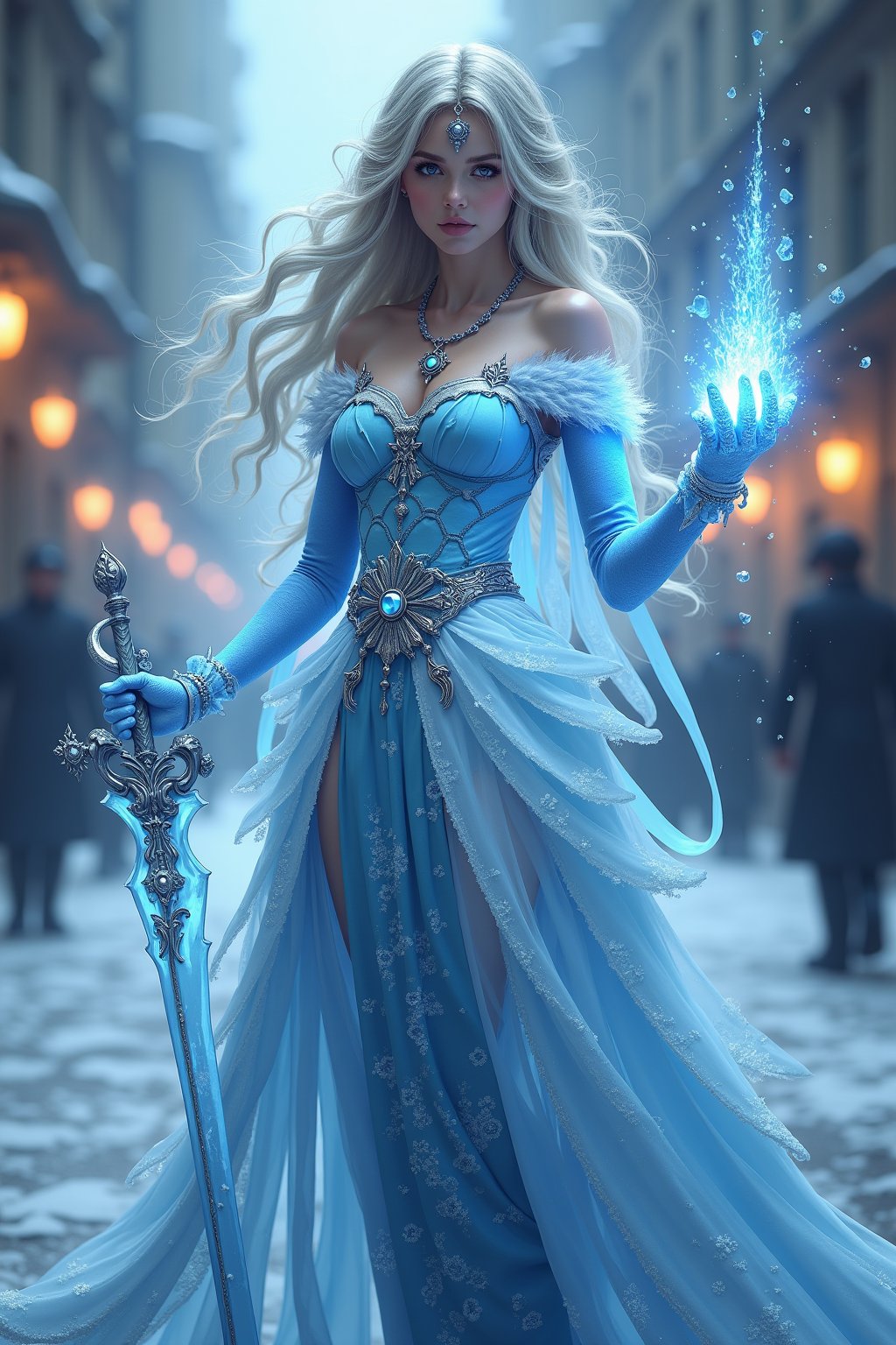 a beautiful girl standing. She uses the magic ring and turns into a beautiful ice magic \(ek_ges1ba\) warrior \(detailed exquisite face\),ek_game_3ffect,dynamic sexy pose,ice elemental effects,ice weapon,blurry city street,realistic,detailed,ek_art_b00ster