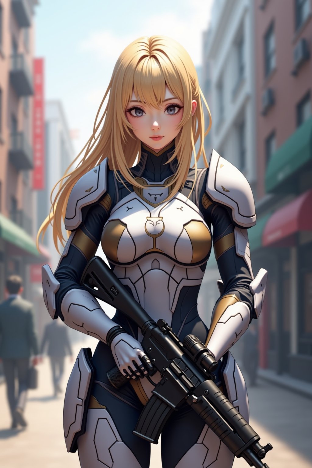 a beautiful girl standing. wearing mecha armor \(ek_g4k\), detailed exquisite face,ek_game_3ffect,blonde hair,holding rifle,
blurry city street,realistic,detailed,ek_art_b00ster