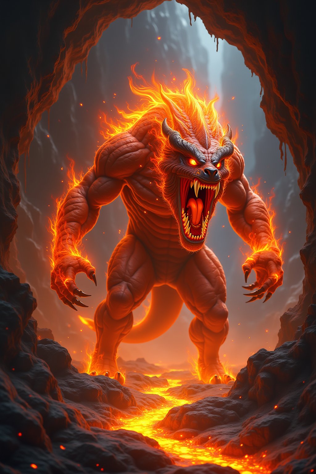 a fire monster \(ek_ge1frt\), roaring in a cave,lava flowing,ek_game_3ffect,realistic,detailed,ek_art_b00ster