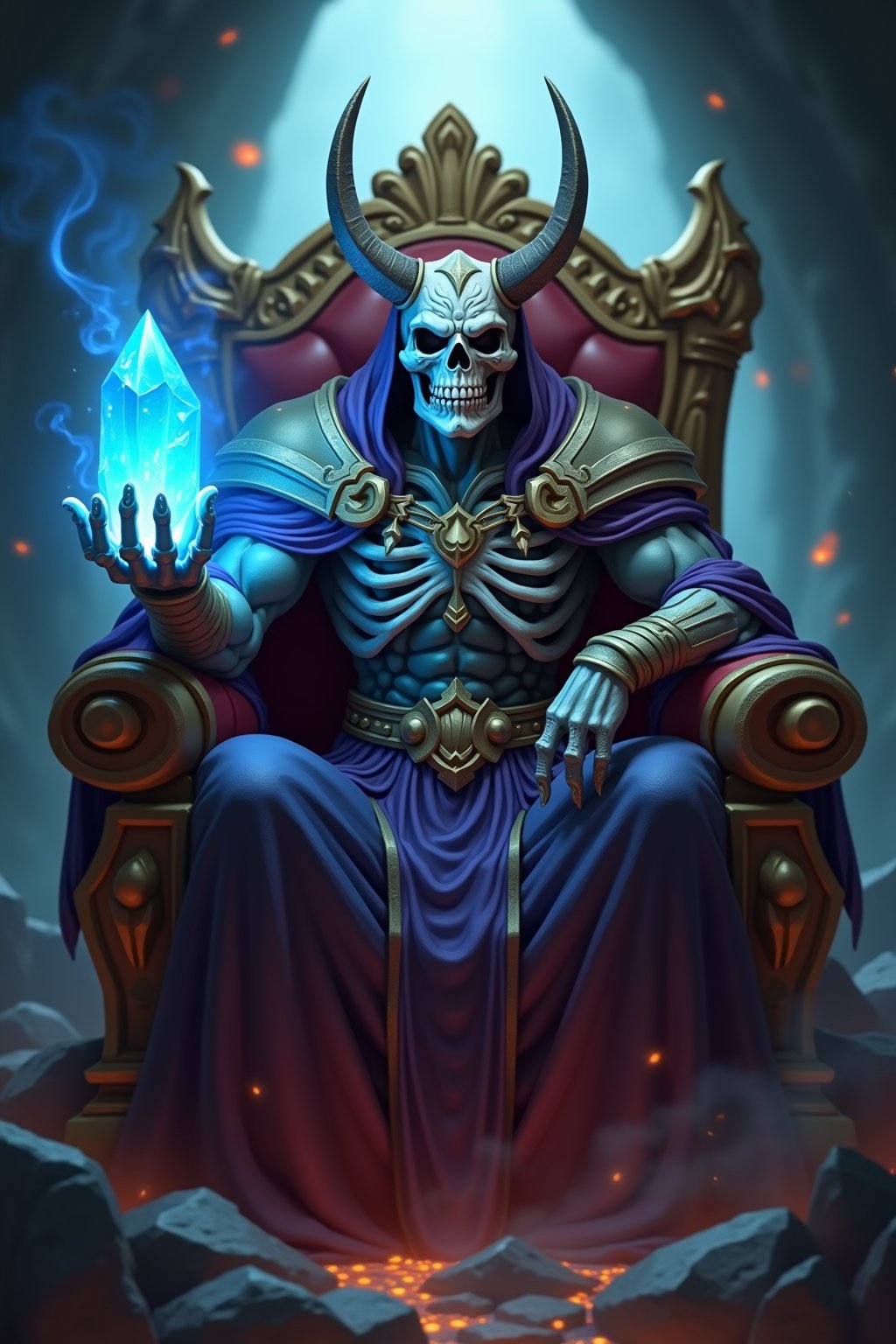 a skull monster king \(ek_gm\) sitting in his throne,holding blue crystal,ek_game_3ffect,blurry cave tunnel  background,smoke,flame,upper body shot,ek_art_b00ster