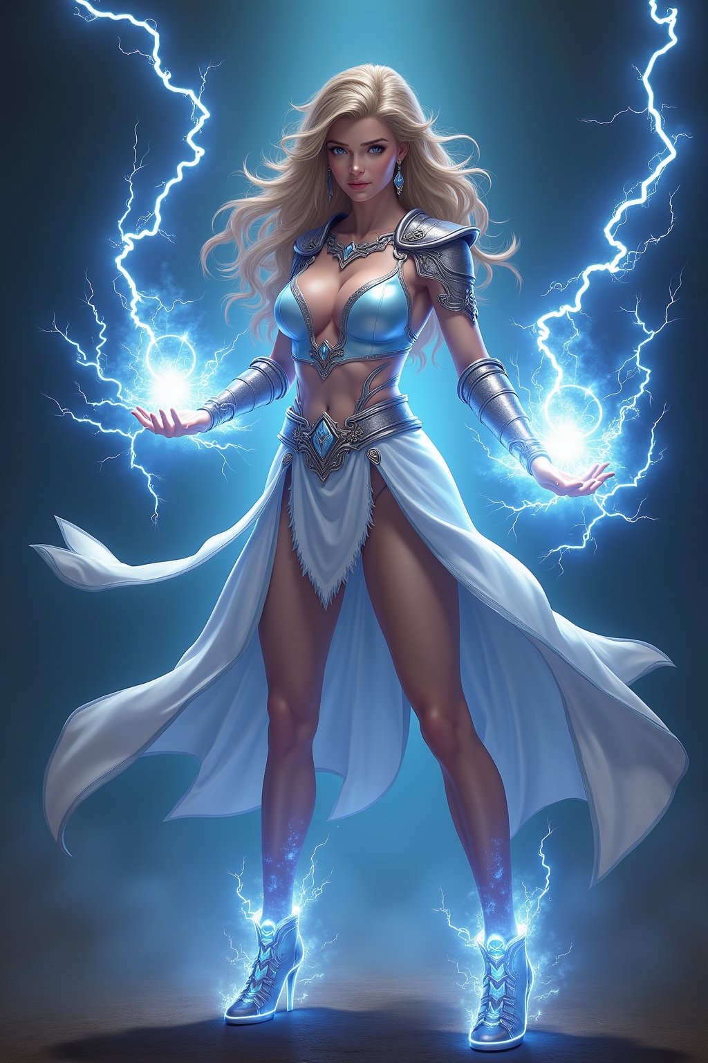 a beautiful girl standing. She uses the magic ring and turns into a beautiful lightning magic \(ek_ge1tng\) warrior \(detailed exquisite face\),ek_game_3ffect,dynamic sexy pose,lightning elemental effects,lightning weapon