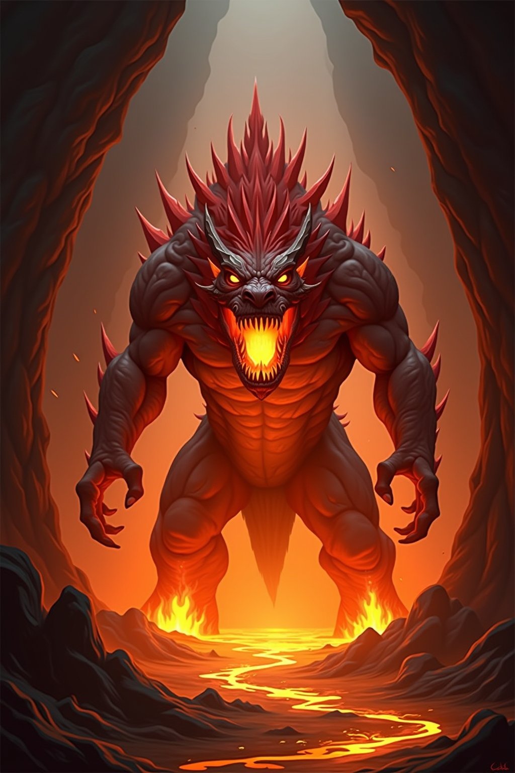 a fire monster \(ek_ge1frt\), roaring in a cave,lava flowing,ek_game_3ffect,realistic,detailed,ek_art_b00ster