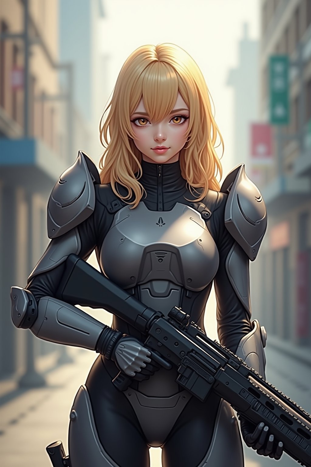 a beautiful girl standing. wearing mecha armor \(ek_g4k\), detailed exquisite face,ek_game_3ffect,blonde hair,holding rifle,
blurry city street,realistic,detailed,ek_art_b00ster