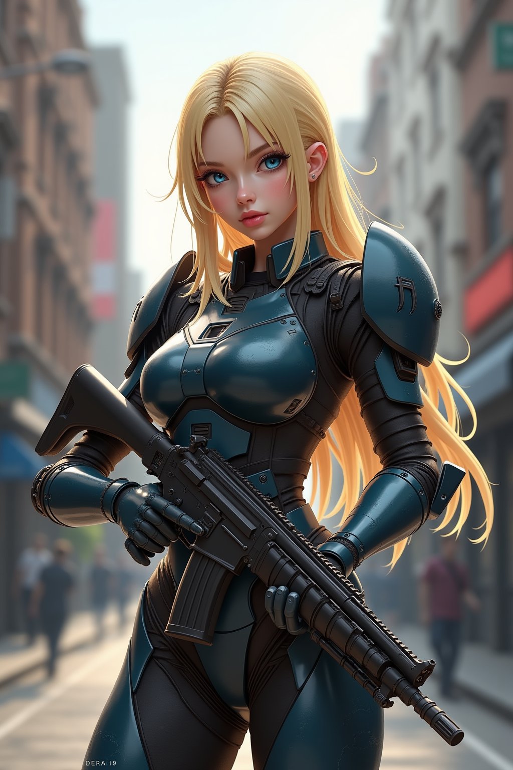 a beautiful girl standing. wearing mecha armor \(ek_g4k\), detailed exquisite face,ek_game_3ffect,blonde hair,holding rifle,
blurry city street,realistic,detailed,ek_art_b00ster