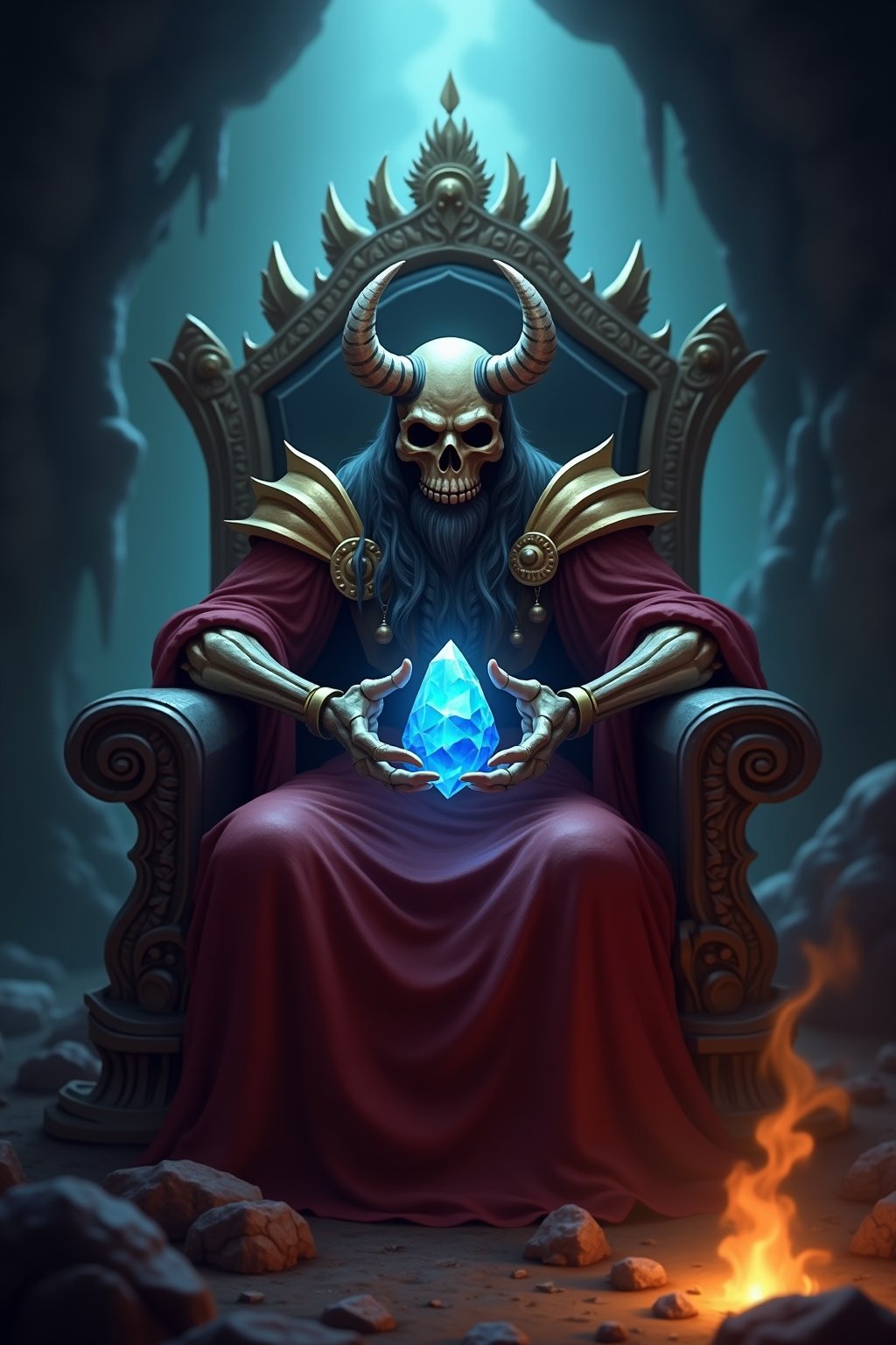 a skull monster king \(ek_gm\) sitting in his throne,holding blue crystal,ek_game_3ffect,blurry cave tunnel  background,smoke,flame,upper body shot,ek_art_b00ster