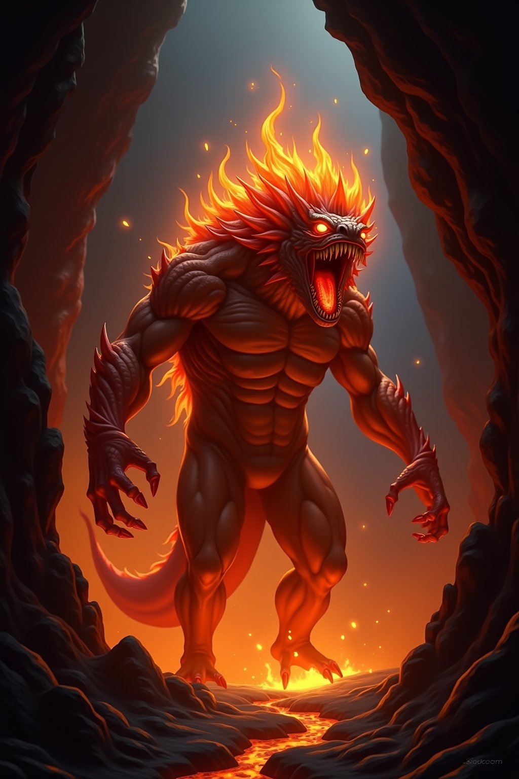 a fire monster \(ek_ge1frt\), roaring in a cave,lava flowing,ek_game_3ffect,realistic,detailed,ek_art_b00ster