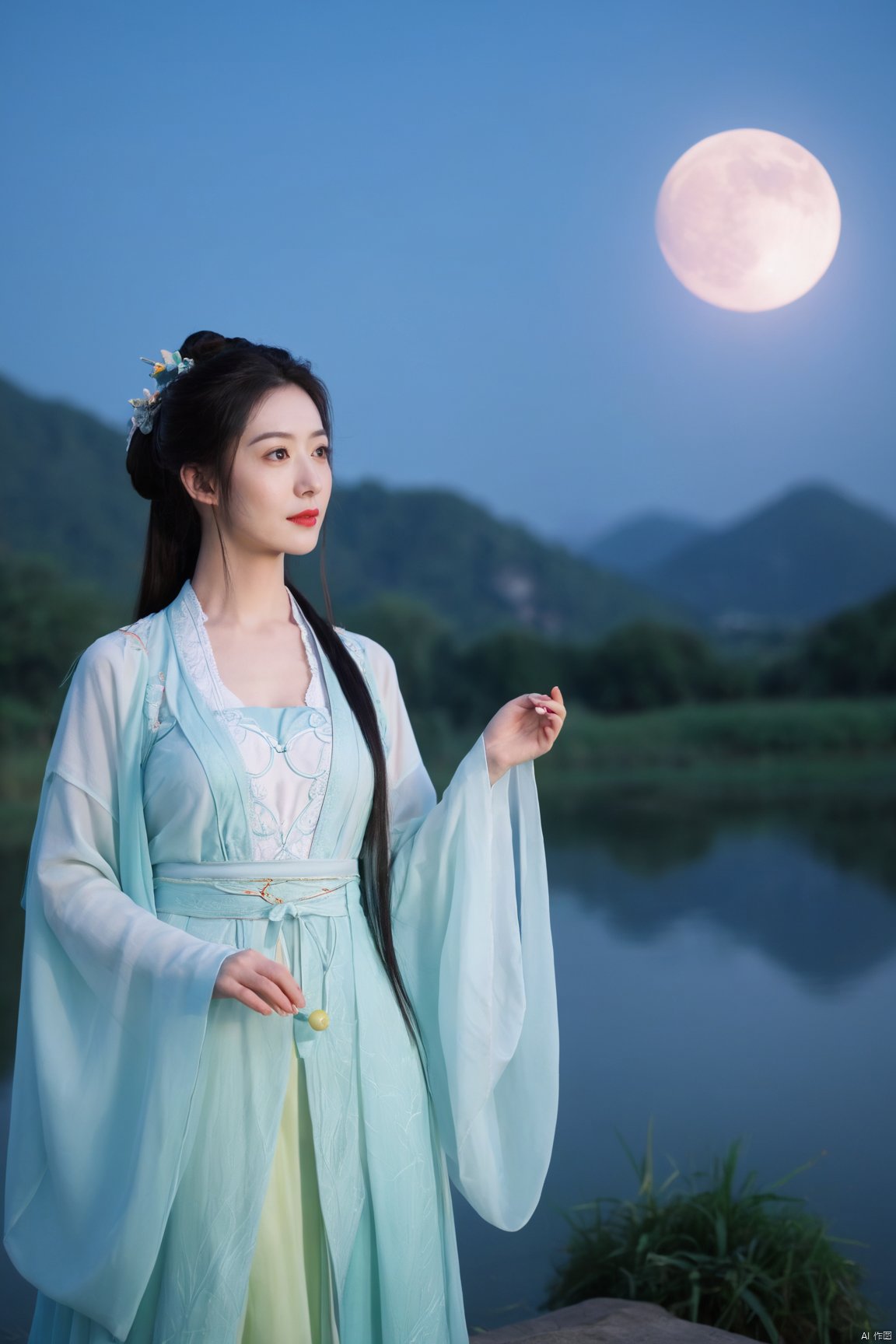 Best quality,masterpiece,Surrealist beauty photo, hanfu,Xtianxiwei,(big breasts:1.89), Yunxiao_Fairy,1girl,Xhulianxin,full moon,