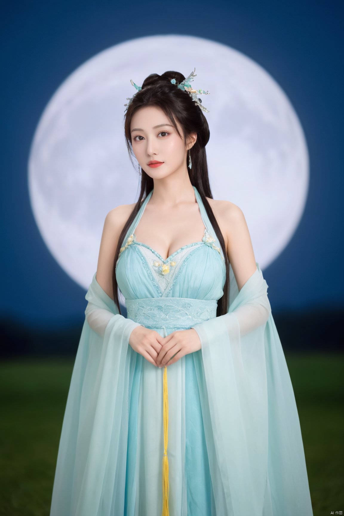 Best quality,masterpiece,Surrealist beauty photo, hanfu,Xtianxiwei,(big breasts:1.89), Yunxiao_Fairy,1girl,Xhulianxin,full moon,