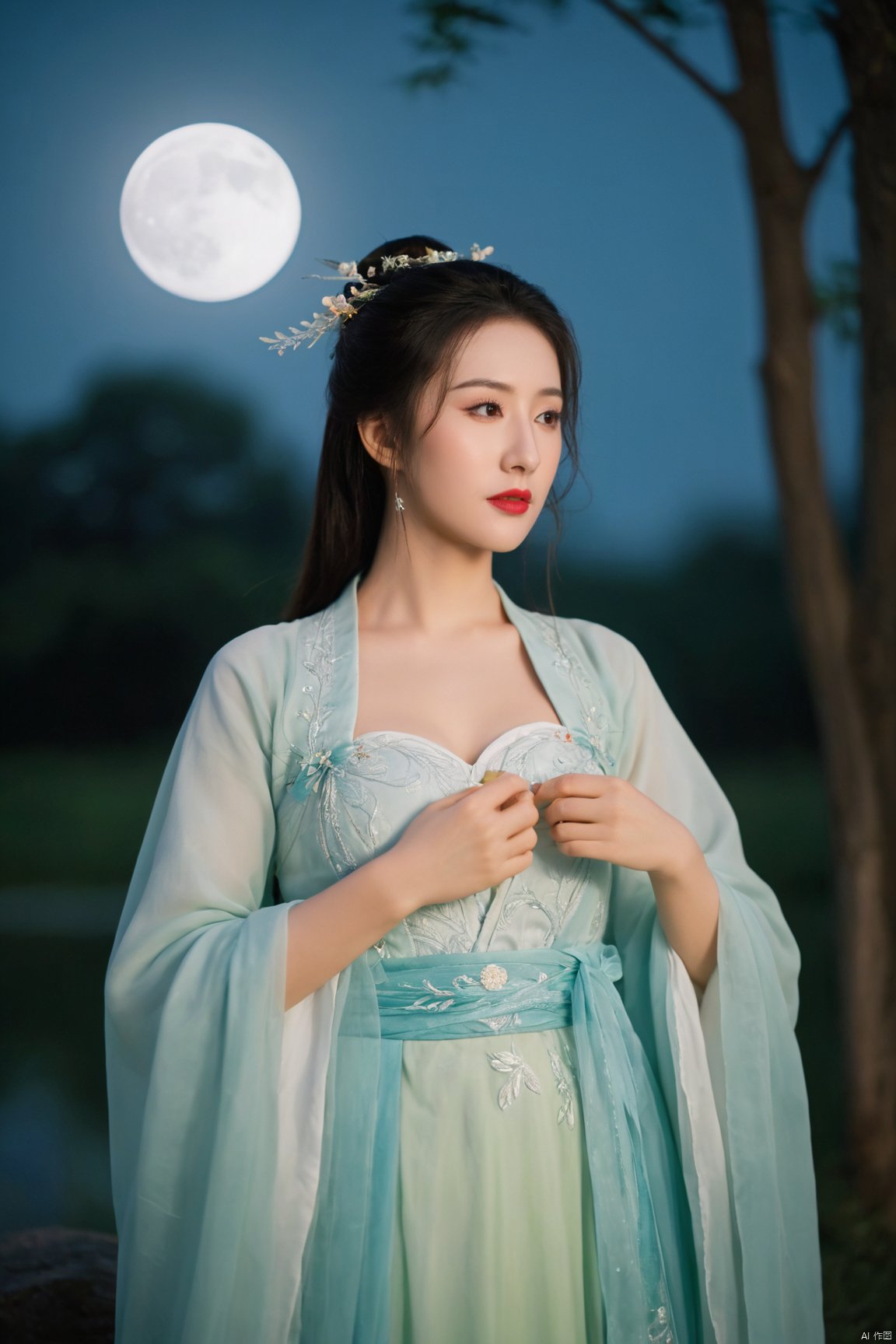 Best quality,masterpiece,Surrealist beauty photo, hanfu,Xtianxiwei,(big breasts:1.89), Yunxiao_Fairy,1girl,Xhulianxin,full moon,