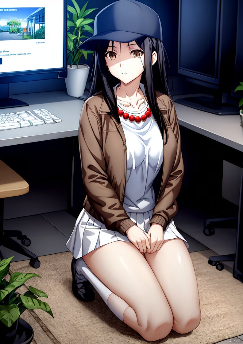 A large chest,Wide chest,Having cleavage,
1girl, solo, long hair, breasts, looking at viewer, skirt, large breasts, shirt, black hair, long sleeves, hat, brown eyes, jewelry, sitting, closed mouth, collarbone, jacket, full body, white shirt, sidelocks, open clothes, socks, indoors, black skirt, necklace, open jacket, kneeling, black headwear, plant, baseball cap, seiza, beads, brown jacket, potted plant, computer, television, monitor, bead necklace, keyboard \(computer\)