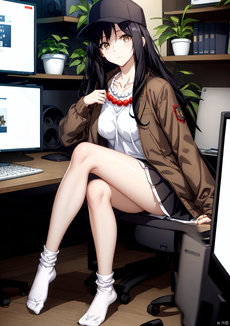 A large chest,Wide chest,Having cleavage,
1girl, solo, long hair, breasts, looking at viewer, skirt, large breasts, shirt, black hair, long sleeves, hat, brown eyes, jewelry, sitting, closed mouth, collarbone, jacket, full body, white shirt, sidelocks, open clothes, socks, indoors, black skirt, necklace, open jacket, kneeling, black headwear, plant, baseball cap, seiza, beads, brown jacket, potted plant, computer, television, monitor, bead necklace, keyboard \(computer\)
