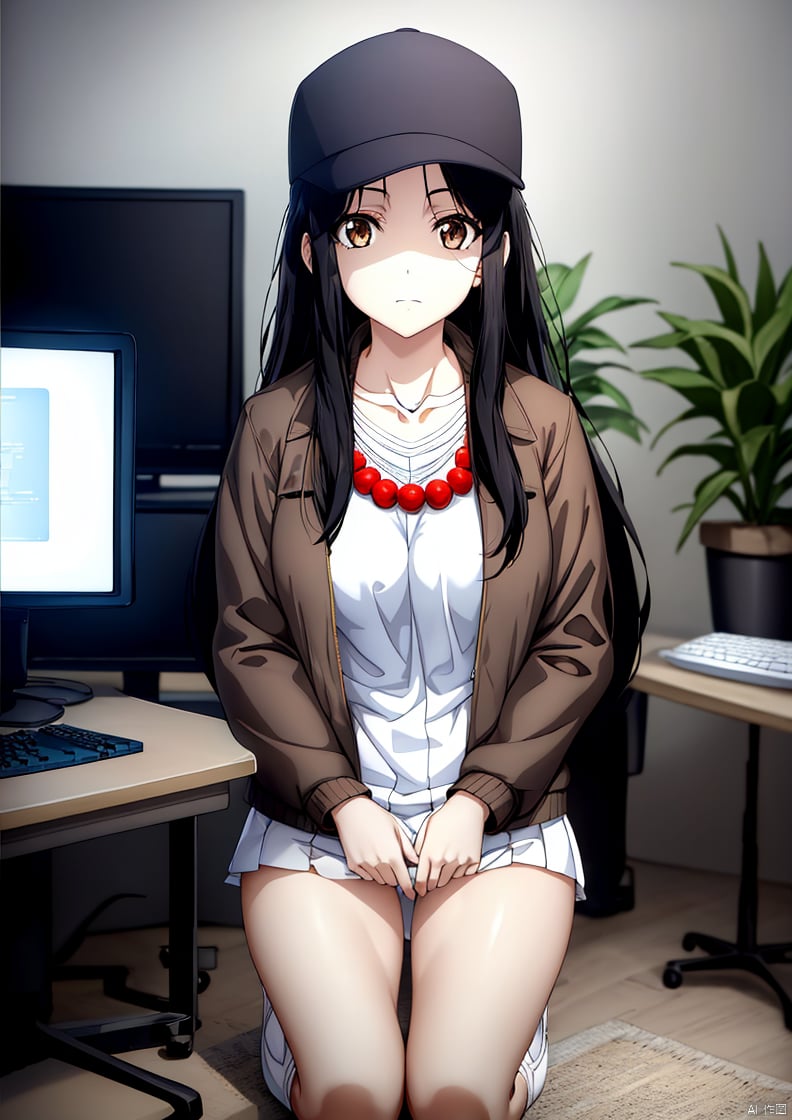 A large chest,Wide chest,Having cleavage,
1girl, solo, long hair, breasts, looking at viewer, skirt, large breasts, shirt, black hair, long sleeves, hat, brown eyes, jewelry, sitting, closed mouth, collarbone, jacket, full body, white shirt, sidelocks, open clothes, socks, indoors, black skirt, necklace, open jacket, kneeling, black headwear, plant, baseball cap, seiza, beads, brown jacket, potted plant, computer, television, monitor, bead necklace, keyboard \(computer\)