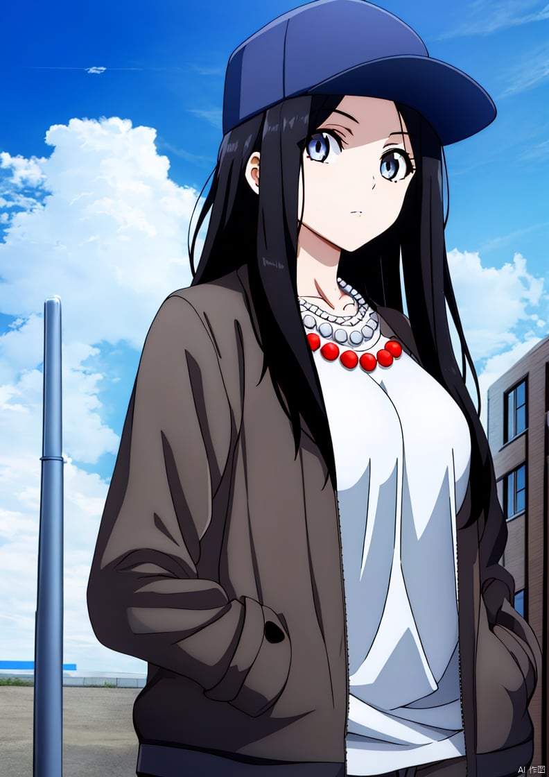 Cleavage of breast,large chest,Cleavage of breast,
1girl, solo, long hair, looking at viewer, shirt, black hair, long sleeves, hat, jewelry, jacket, white shirt, outdoors, sky, day, cloud, necklace, open jacket, blue sky, grey eyes, brown jacket, hands in pockets