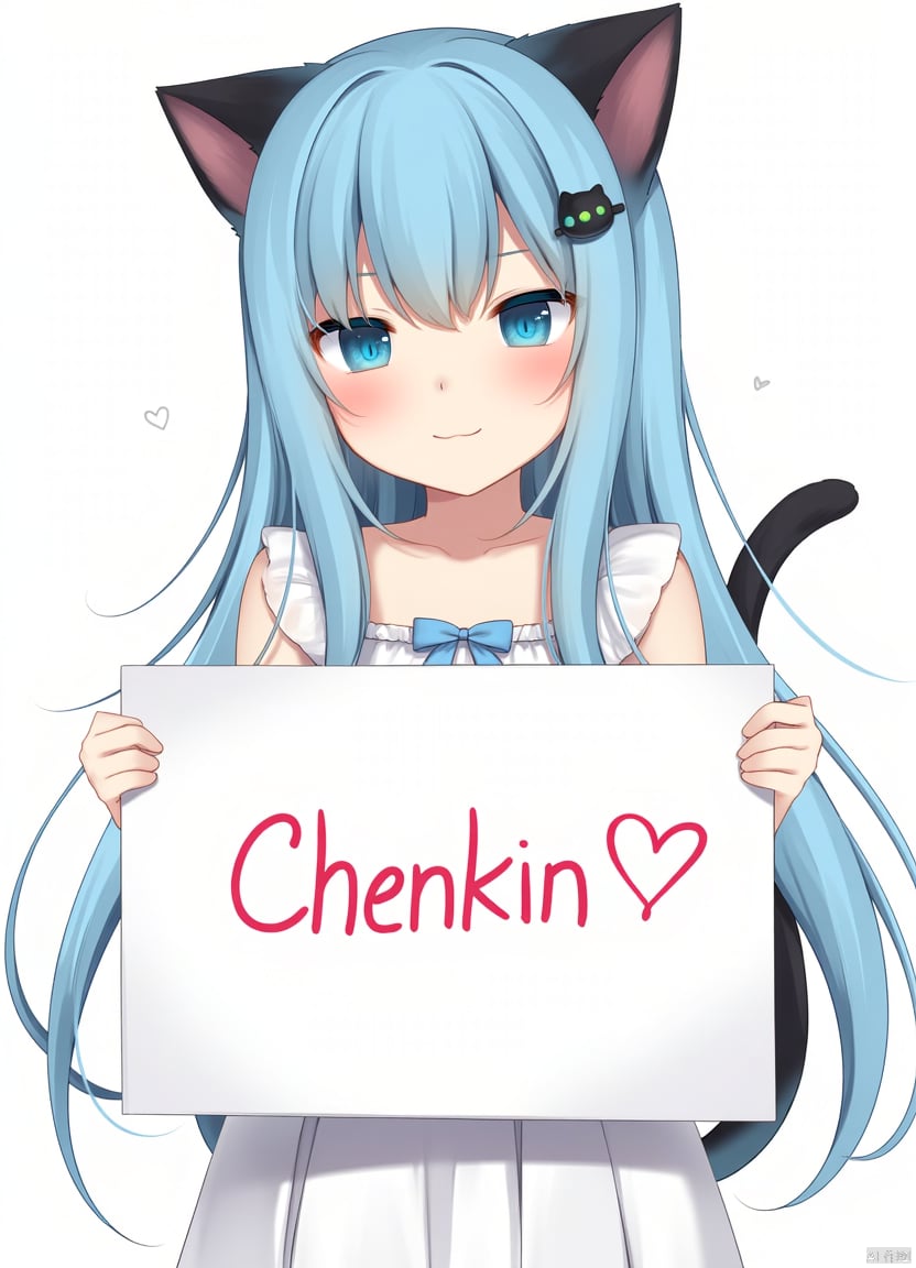 amashiro natsuki sytle, nekoha shizuku \(amashiro natsuki\), 1girl, animal ears, cat ears, blue_hair,blue_eyes,long_hair,dress,smile, Holding up a sign that says, "❤Chenkin❤" heart,black cat ears,