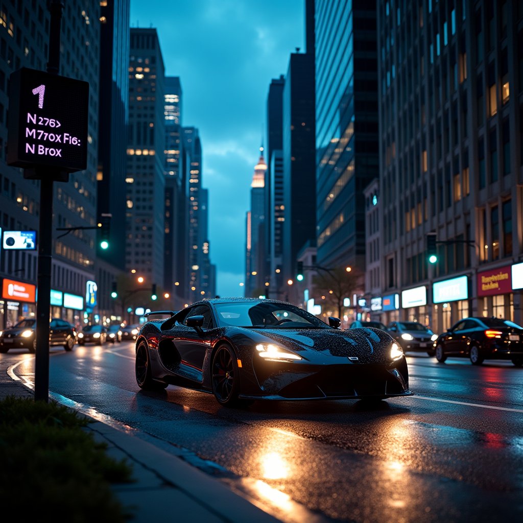 A nocturnal cityscape at dusk: a sleek black car, its headlights casting a warm glow on the asphalt road, navigates through a bustling city street. Towering buildings loom in the background, their windows illuminated by neon lights that reflect off the wet pavement. The night sky above is a deep shade of indigo, with the occasional burst of color from a traffic light or streetlamp. A city sign stands proudly on the corner, its LED display flashing directions to passing motorists. In the distance, the hum of traffic fills the air as the car continues its journey through the urban landscape.