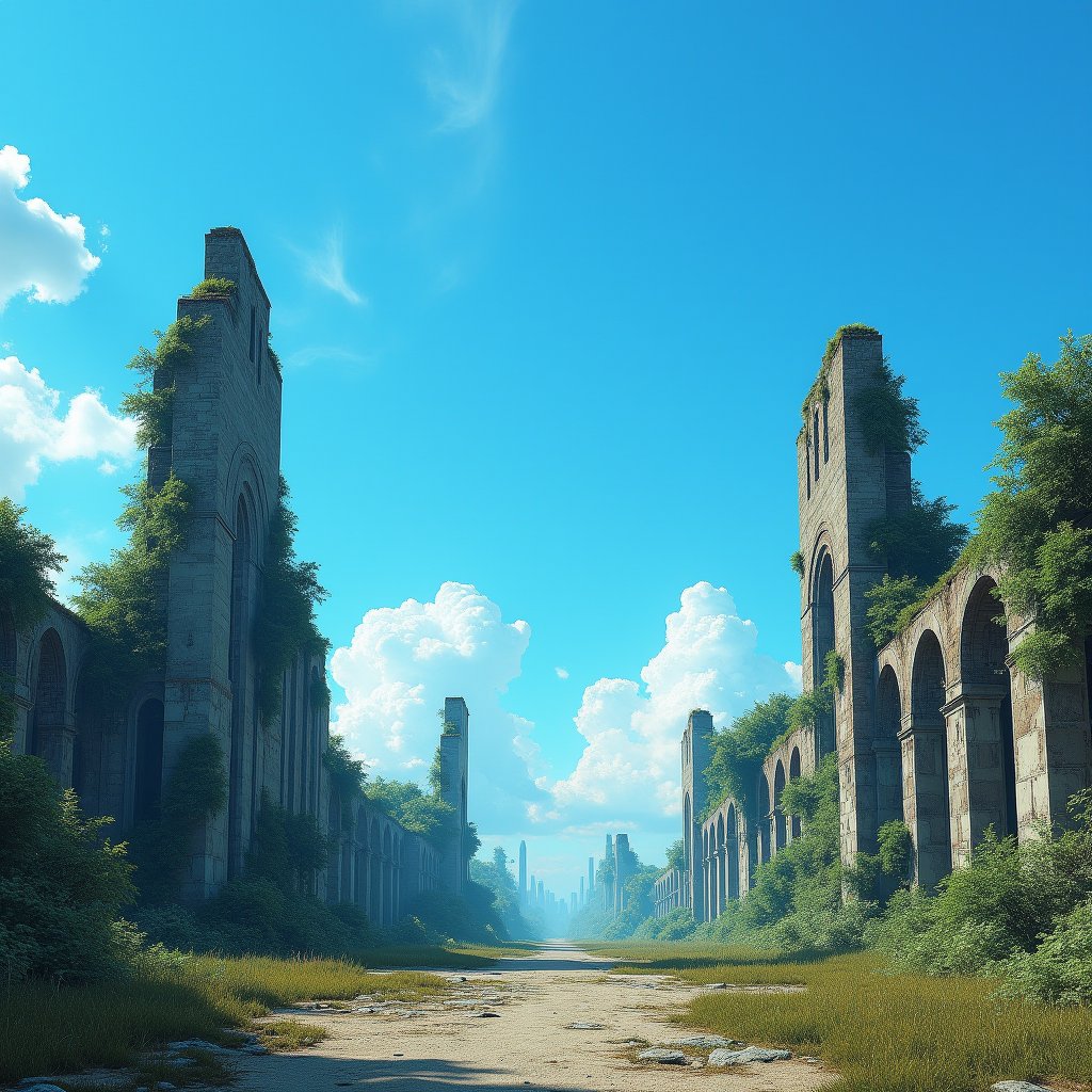 A desolate, post-apocalyptic landscape unfolds before a brilliant blue sky, devoid of any human presence. Ancient, crumbling ruins stretch towards the heavens, overgrown with vines and moss. The sky above is a canvas of wispy clouds, stark against the vibrant cerulean backdrop. In this eerie, otherworldly setting, the remnants of a forgotten civilization stand as a testament to the transience of time.