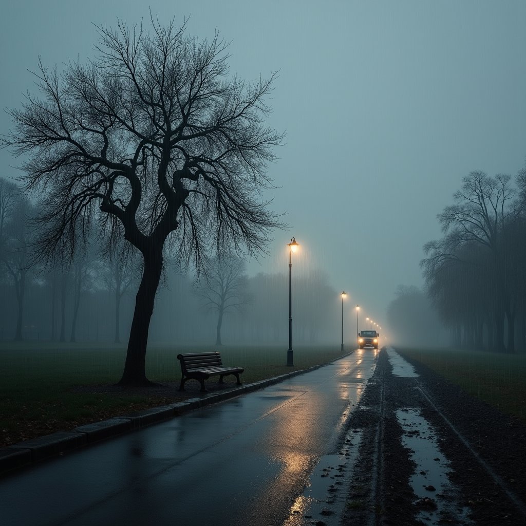 A gray sky weeps tears of rain as a solitary lamppost stands guard over a deserted park. A tree's branches stretch towards the downpour, its roots dug deep into the wet earth. In the distance, a ground vehicle navigates the slick road, leaving ruts in the muddy asphalt. A lone bench awaits occupant, shrouded in misty gloom.