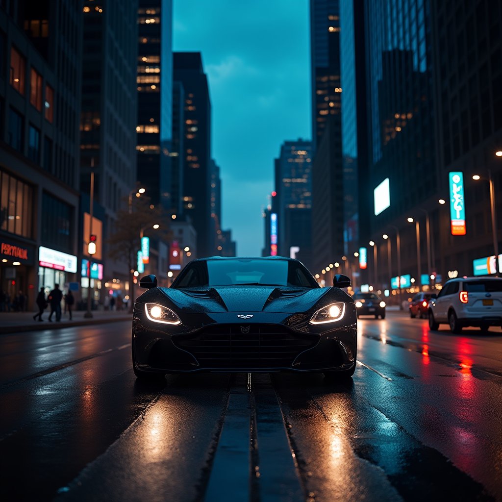 A nocturnal cityscape at dusk: a sleek black car, its headlights casting a warm glow on the asphalt road, navigates through a bustling city street. Towering buildings loom in the background, their windows illuminated by neon lights that reflect off the wet pavement. The night sky above is a deep shade of indigo, with the occasional burst of color from a traffic light or streetlamp. A city sign stands proudly on the corner, its LED display flashing directions to passing motorists. In the distance, the hum of traffic fills the air as the car continues its journey through the urban landscape.