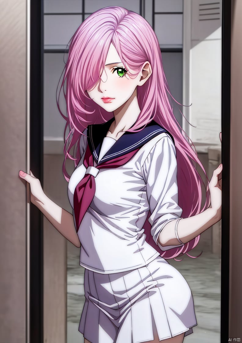 1girl, solo, long hair, looking at viewer, closed mouth, green eyes, pink hair, hair over one eye, lips, 
Sailor uniform, Japanese sailor uniform