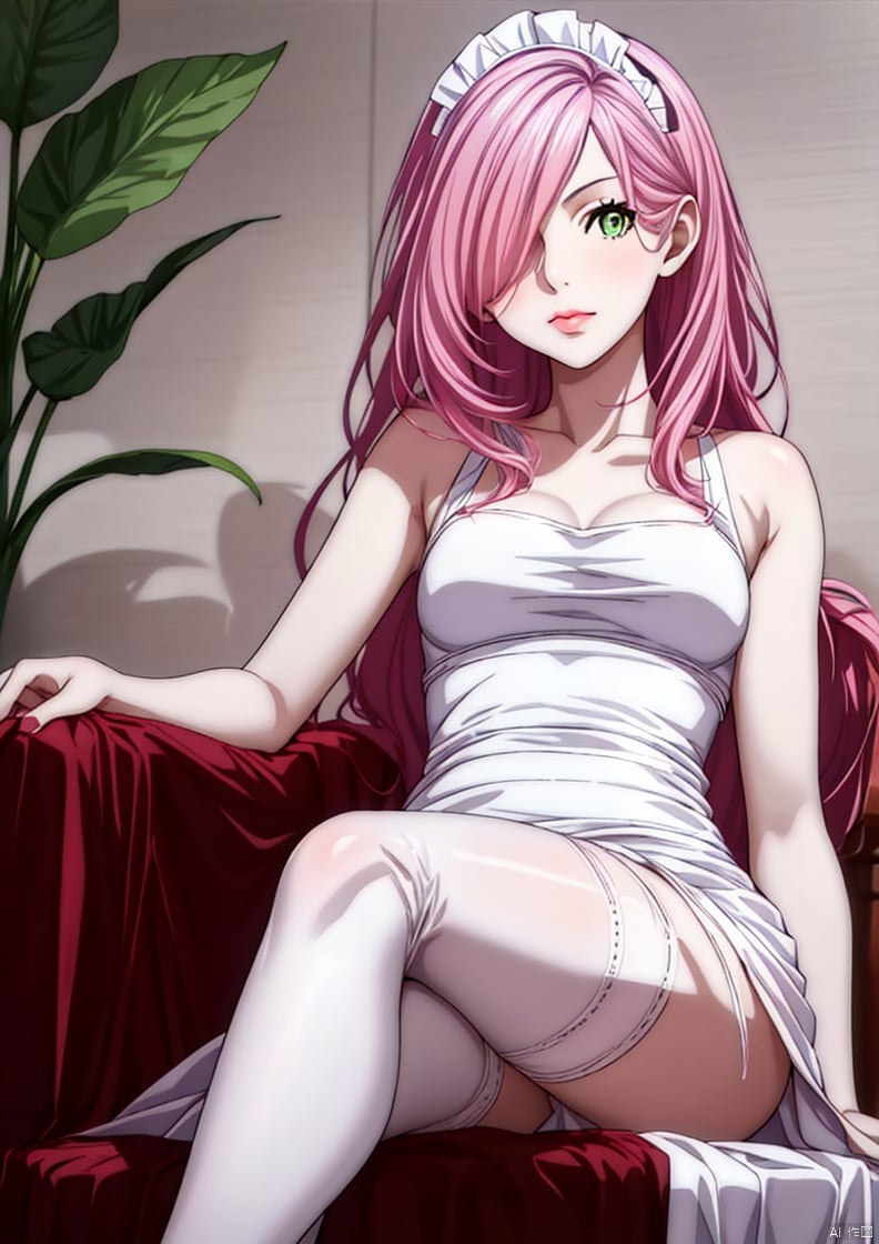 1girl, solo, long hair, looking at viewer, closed mouth, green eyes, pink hair, hair over one eye, lips, 
Maid, maid costume, Dress, maid's clothing,White silk, white stockings, sitting with crossed legs