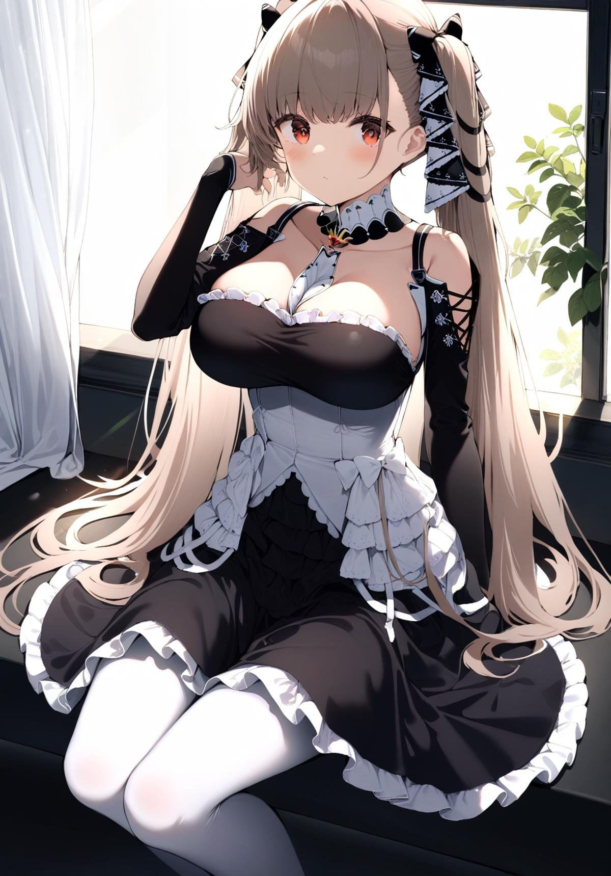 <lora:formidable_XL_v1.0:0.8>,formidable_\(azur_lane\), long_hair, twintails,red eyes,frilled dress, two-tone dress,breasts, large breasts,white pantyhose,adjusting hair,by pentagon \(railgun ky1206\), window, lens flare,sunlight, sitting,, masterpiece, best quality,  very aesthetic, absurdres,