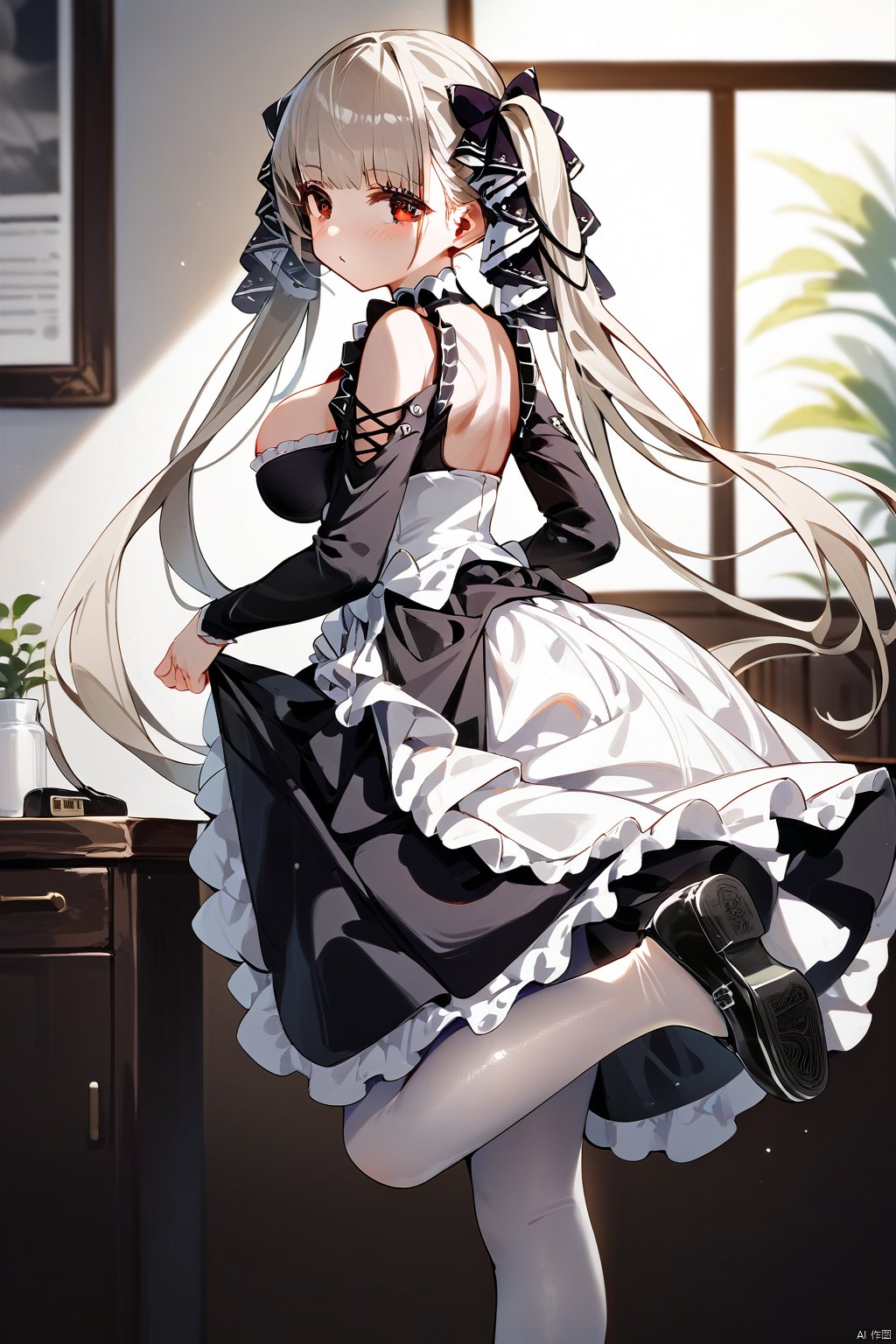 ,formidable_\(azur_lane\), long_hair, twintails,red eyes,frilled dress,  two-tone dress,standing on one leg, looking back,lift by self, white pantyhose,large_breast,solo,shoe, score_9, score_8_up, score_7_up, source_anime,indoors