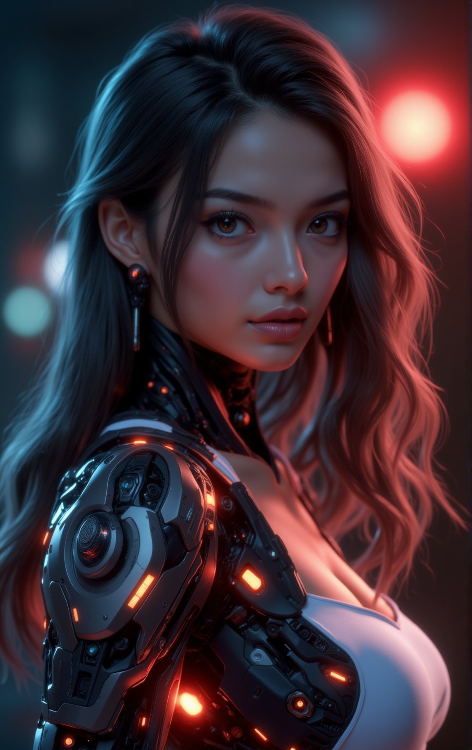 Sexy female cyborg,  (RAW photo, best quality), (realistic, photo-Realistic:1.1), best quality, masterpiece, beautiful and aesthetic, 16K, (HDR:1.2), high contrast, (vibrant color:1.3), (muted colors, dim colors, soothing tones:0), cinematic lighting, ambient lighting, sidelighting, Exquisite details and textures, cinematic shot, Warm tone, (Bright and intense:1.1), wide shot, by xm887, ultra realistic illustration, siena natural ratio,	head to thigh portrait,	long Wave hair,beautiful female cyborg