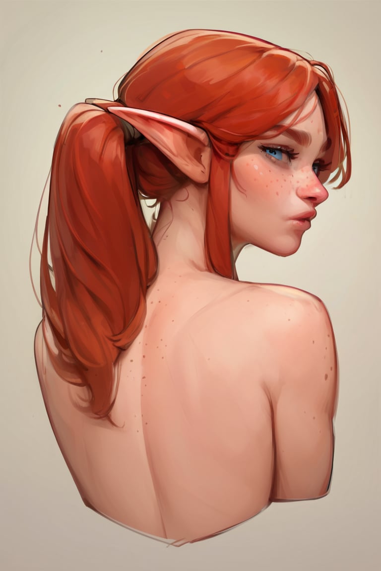 score_9, score_8_up, score_7_up, 4RCH0N, elf, freckles, ponytail, red hair, hair strands, pointy ears, blue eyes, back view, looking_at_viewer, portrait, cropped