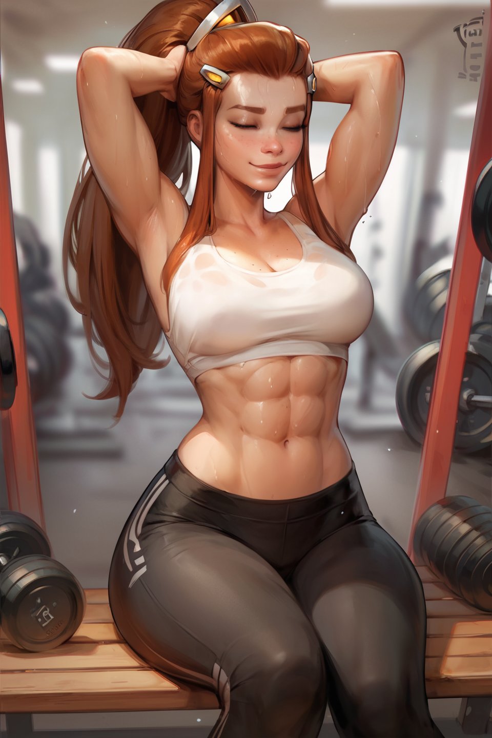 score_9, score_8_up, score_7_up, 4RCH0N, gym, Brigitte, black yoga pants, white crop top, sweaty, sitting on bench, hands behind head, closed eyes, soft smile, solo, fit, abs, navel 