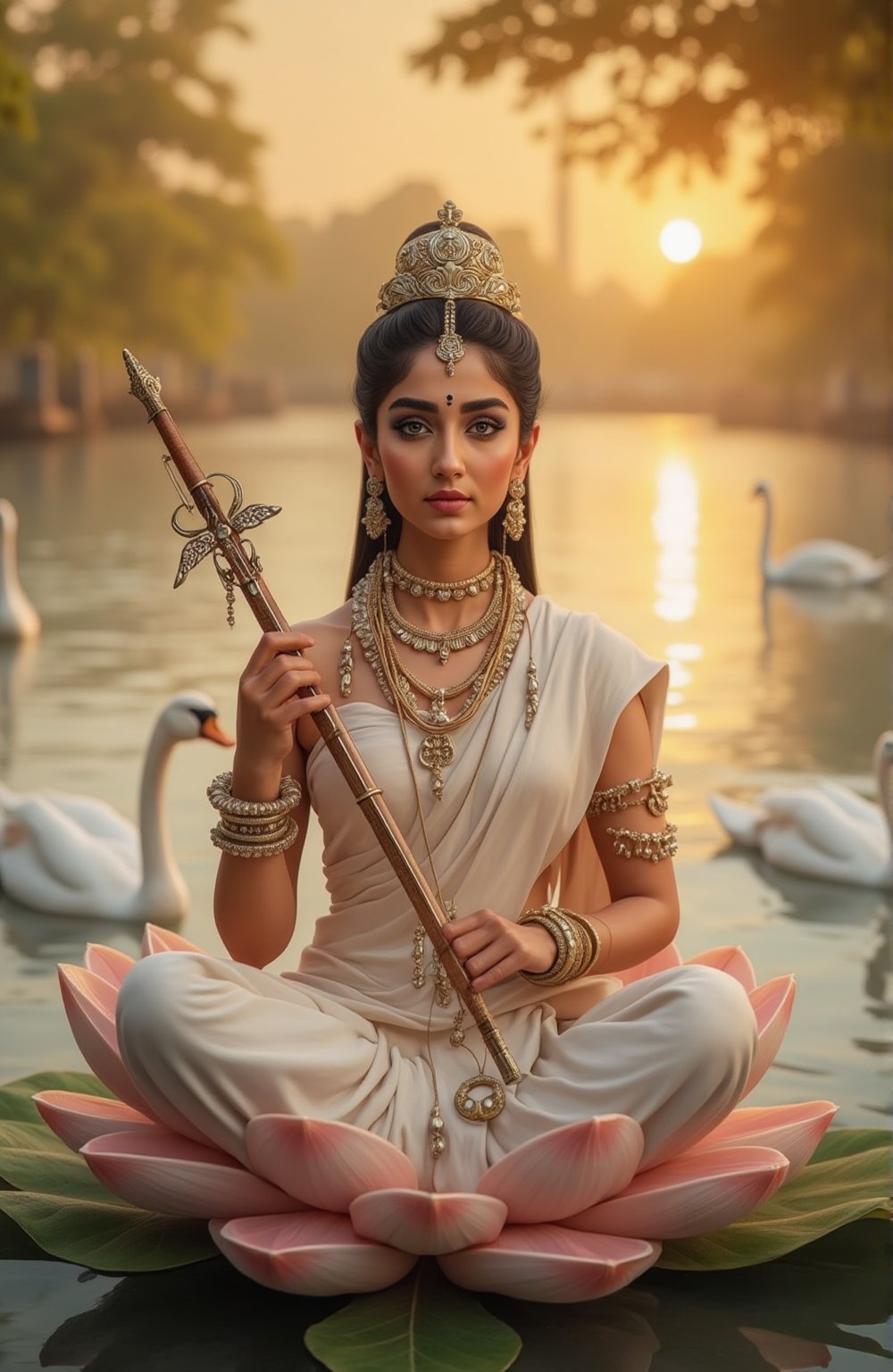 A serene and elegant depiction of Goddess Saraswati, the Hindu goddess of knowledge, music, and arts, portrayed in a beautifully realistic style. She is seated gracefully on a blooming lotus, her white saree flowing gently around her, draping over the lotus petals with intricate, delicate folds. Her four hands hold the symbols of wisdom and art: a veena (musical instrument), a book, a mala (rosary), and a water pot, each rendered with fine detail.

The background features a tranquil riverbank at dawn, where the soft, golden light of the early morning sun bathes the scene in a warm, gentle glow. This cinematic color grading enhances the ethereal quality of the image, highlighting the calm and wise expression on Saraswati's face. Swans glide peacefully on the shimmering water nearby, symbolizing purity and enlightenment, their reflection adding to the serene atmosphere.

The overall composition is a perfect blend of Indian mythology and cultural reverence, with every detail captured in sharp, lifelike focus. The scene is beautifully balanced, with the divine presence of Saraswati harmonizing with the natural beauty of the riverbank setting, creating a realistic and stunningly beautiful portrayal of the goddess.,Indian goddess 