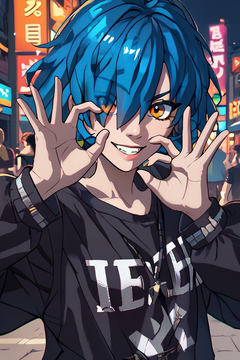 score_9, score_8_up, score_7_up,ad4_3ss3nc3, blue hair, orange eyes,ok sign,double ok sign,ok sign over eye