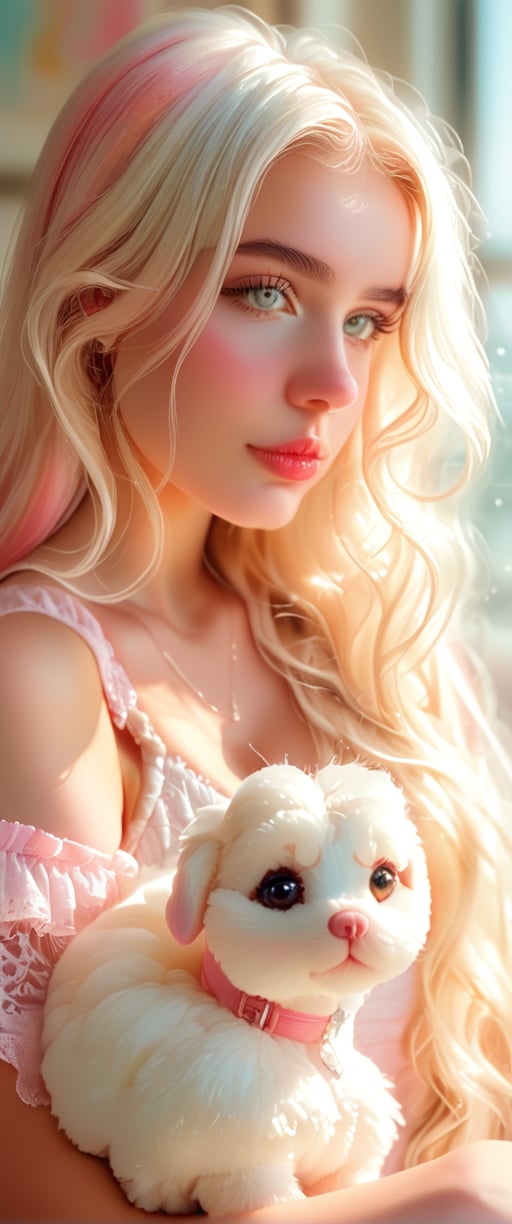 score_9, score_8_up, score_7_up, dreamy, dreamlike, (upper body), soft and smooth brush stroke, pastel color, Harmonized hue, smooth line art, ((Designed to evoke digital marketing advertisement)),A sexy  woman with long white hair holding a white fluffy puppy, semi-realistic, dreamy, dreamlike, pastel color, harmonized hue, soft and smooth brush stroke, soft lighting, intimate, side view, upper body,