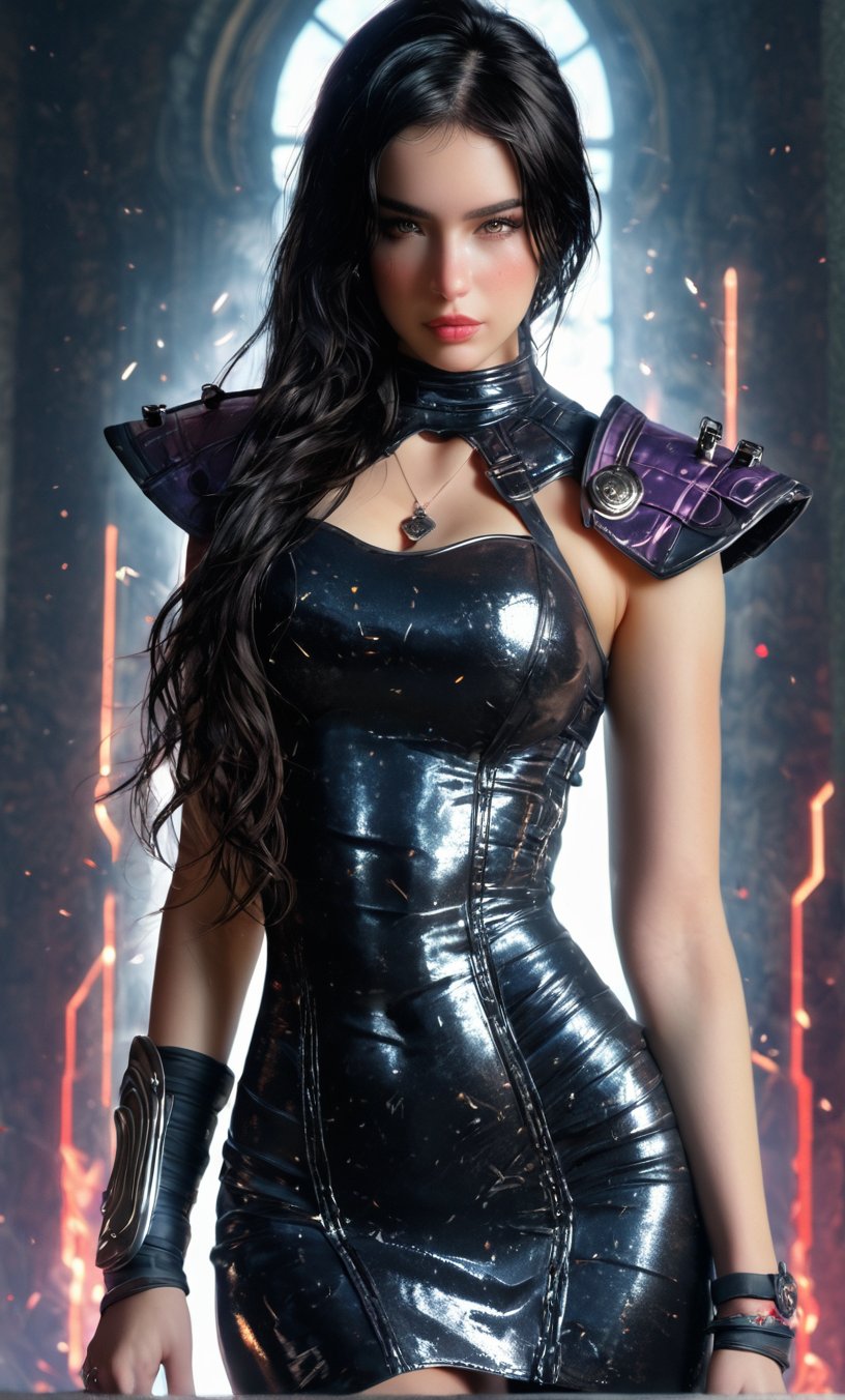 A fierce female warrior with long, flowing black hair, her armor etched with glowing rainbow colored circuits, lining strip of RGB led lighting  and electronic chip, stands in the heart of a digital nexus. leaning on object, head slightly tilt, looking at viewer smilng, long fingernails, fingerless gauntlet, Surrounding her is a vortex of luminous circuitry, casting intricate patterns of light on her armor. The scene is rendered with photorealistic detail, the lighting capturing the interplay between the metallic textures and the pulsating rainbow colored energy energy of the digital backdrop. 3d render in unreal engine