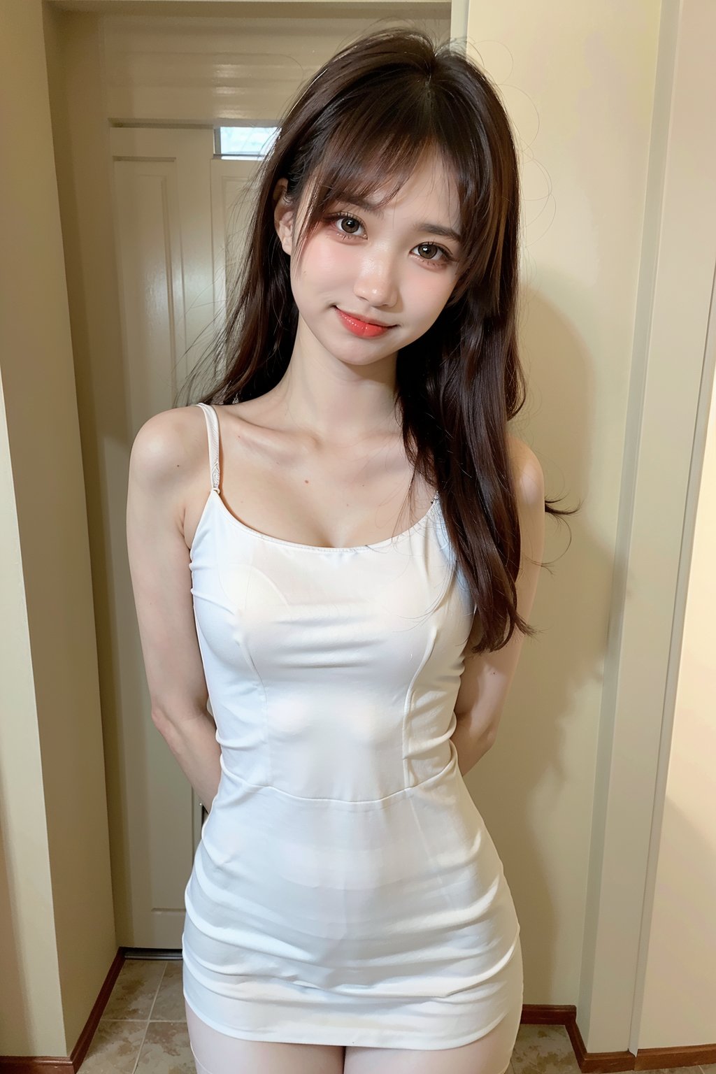 best quality,masterpiece,ultra high res,looking at viewer,simple background, 1girl, solo, looking_at_viewer, black hair,realistic,(standing),slim,(smile)(,hands_behind_back),