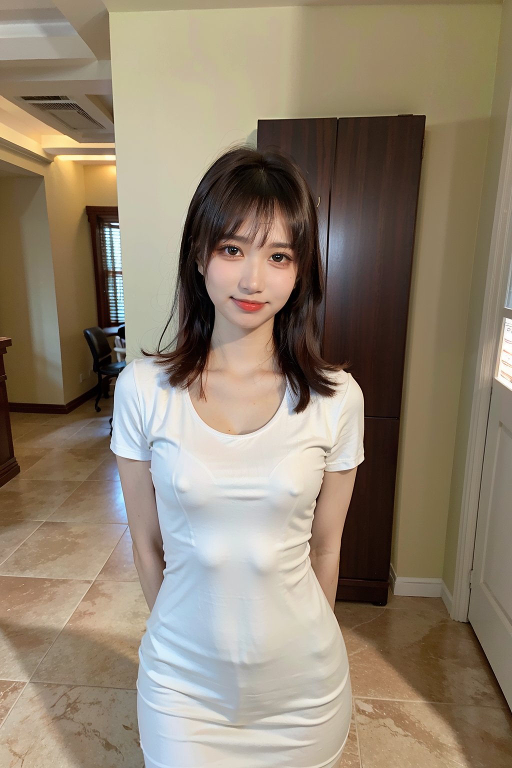 best quality,masterpiece,ultra high res,looking at viewer,simple background, 1girl, solo, looking_at_viewer, black hair,realistic,(standing),slim,(smile)(,hands_behind_back),