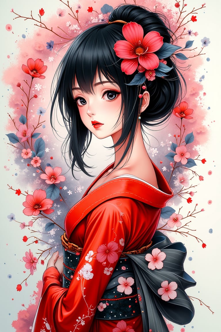 1girl, anime girl, solo, looking at viewer, colorful ink in background, ((colorful ink splash: 2)), ink everyehere, black hair, hair ornament, upper body, flower, japanese clothes, hair flower, kimono, black eyes, from side, sash, makeup, obi, lipstick, pale skin, eyeshadow, red lips, hair stick, red kimono, kanzashi, ((masterpiece: 2)), stunning image, Ink art style