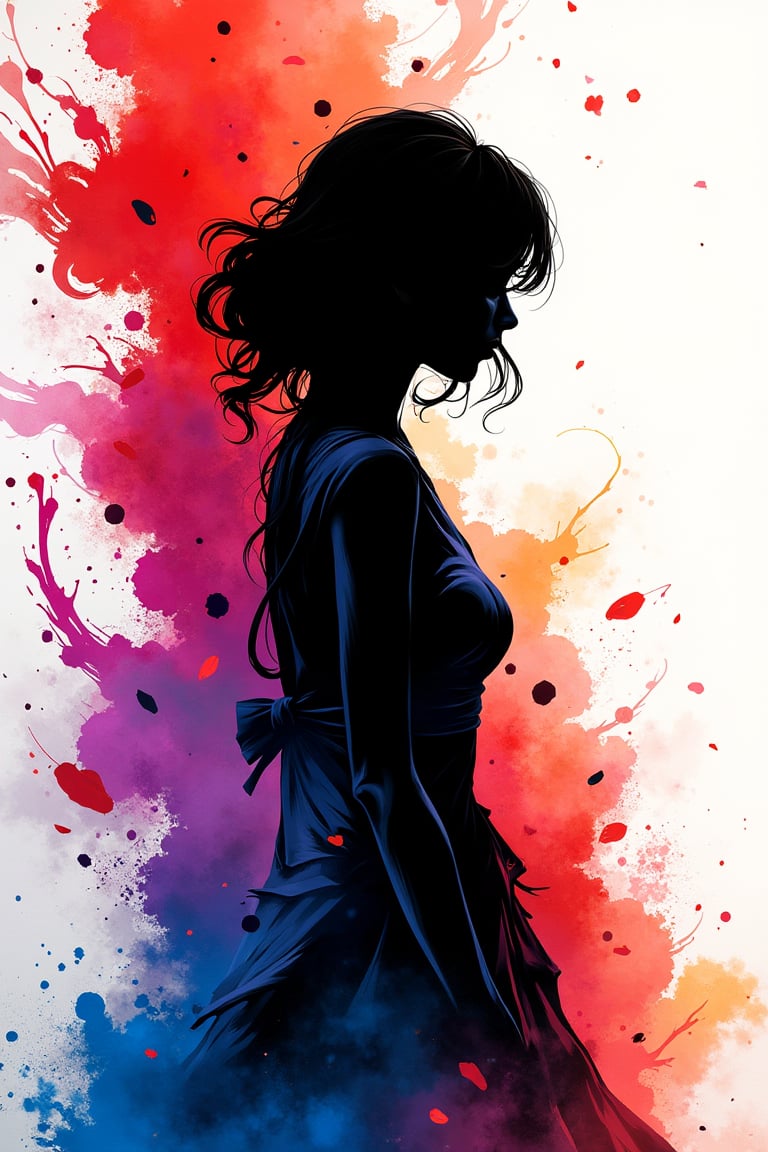 1girl, silhouette, ((ink brushstrokes in background: 2)), colorful ink brushstrokes behind, looking at viewer, upper body, dynamic brushstrokes, masterpiece quality, stunning image, anime aesthetics, INK