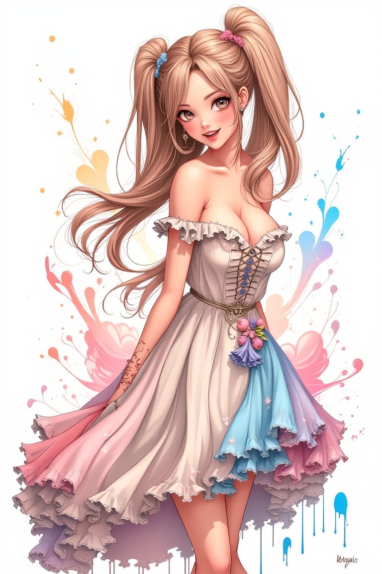 Anime style, very cute girl, elegant woman, cowboy shot, cute casual outfit, off shoulder dress, dress, frills, white background, (colorful ink drops on background), ((masterpiece : 2)), long hair, light brown hair, twin tail hairstyle, leaning forward, sexy pose, blushing, smiling, happy, open mouth, shoulders exposed, looking at the viewer, ((stunning image : 1.5)), ink art, ink art style,ink style