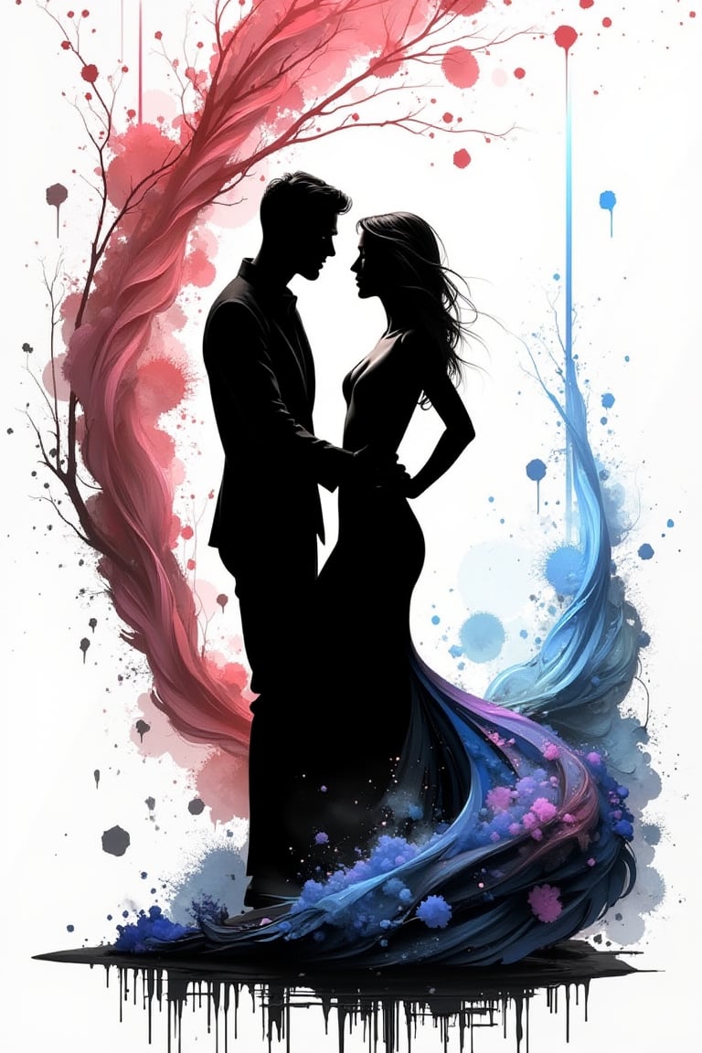 1girl, 1boy, couple, silhouette, ink brushstrokes in background, looking at viewer, dancing pose, ink rain, stunning image, ink smoke, digital art, professional style, ((masterpiece quality: 2)), ink droplets, attractive image, Ink art style