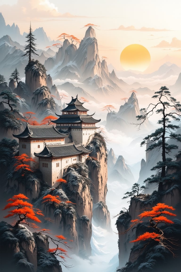 Image of great palace between majestic mountains, masterpiece, Ink art style