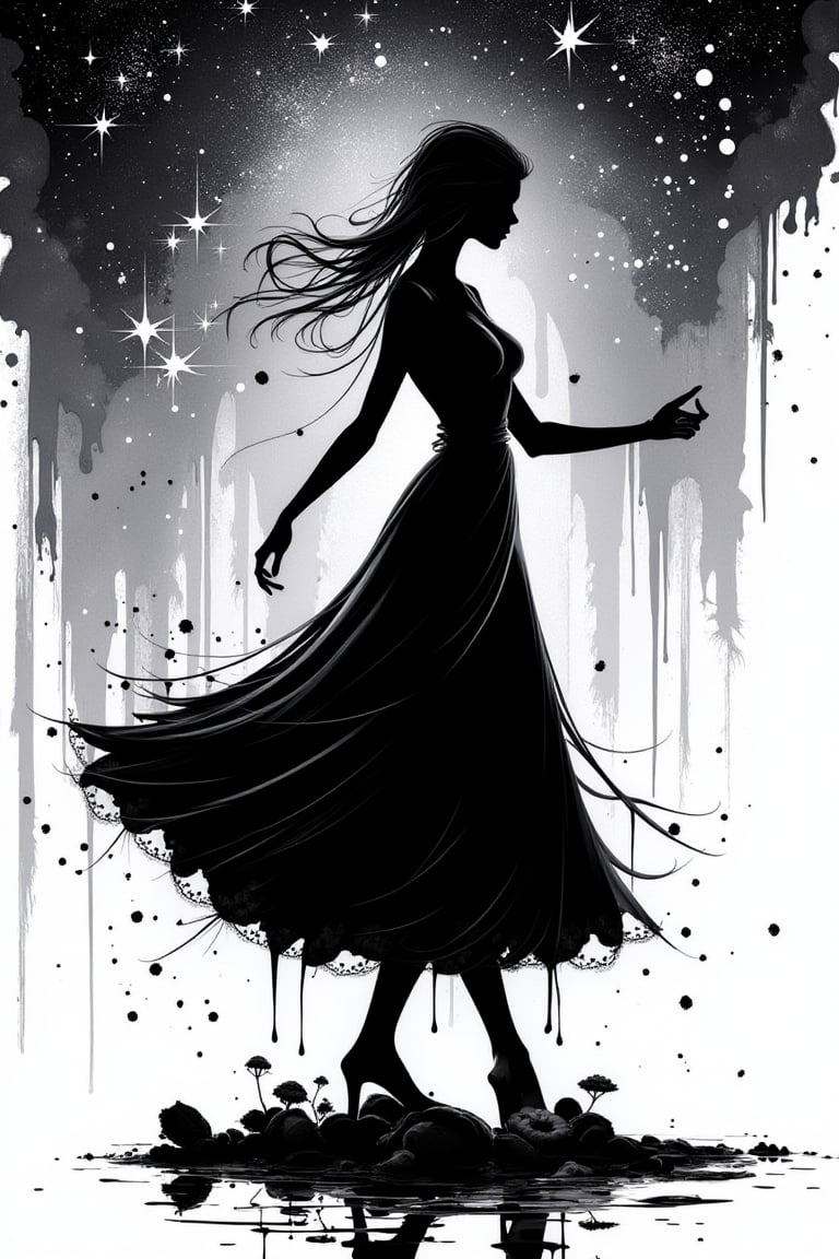 1girl, silhouette, ink bubbles in background, she dances in a sea of inky stars, looking at viewer, ink rain, stunning image, ink smoke, digital art, professional style, loiking at viewer, upper body, anime likes silhouette, ((masterpiece quality: 2)), ink droplets, attractive image. Ink art style.