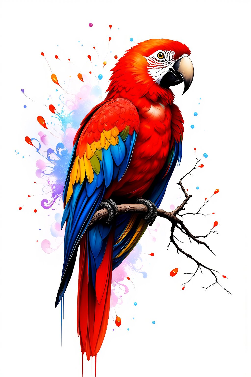 Very beautiful parrot, elegant pet, ink droplets, ((colorful: 1.2)), white background, ((masterpiece: 2)), ink splash, tatto aesthetic, only the face, medium shot, looking at viewer, ((stunning image: 1.5)), Ink art style