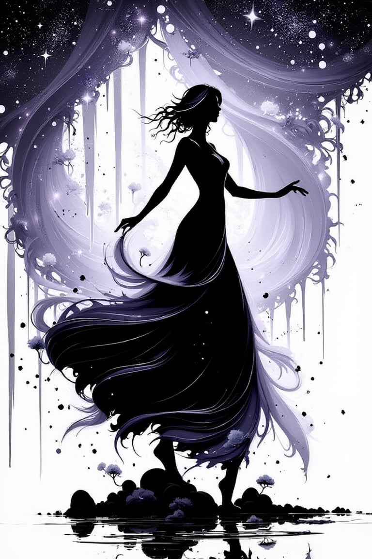 1girl, silhouette, ink bubbles in background, she dances in a sea of inky stars, looking at viewer, ink rain, stunning image, ink smoke, digital art, professional style, loiking at viewer, upper body, anime likes silhouette, ((masterpiece quality: 2)), ink droplets, attractive image. Ink art style.