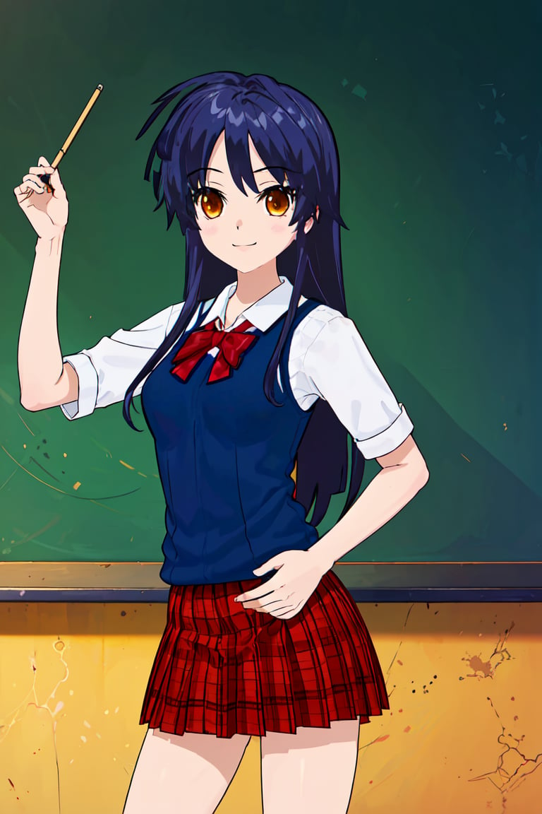 1girl, cowboy shot, standing, hand on hip, long hair, blue hair, school uniform, red plaid skirt, sweater vest, white shirt, red bowtie, orange eyes, classroom background, green blackboard, chalkboard, smile, anime style, detailed, 2D illustration, digital art, (masterpiece), high quality, high resolution, amberly