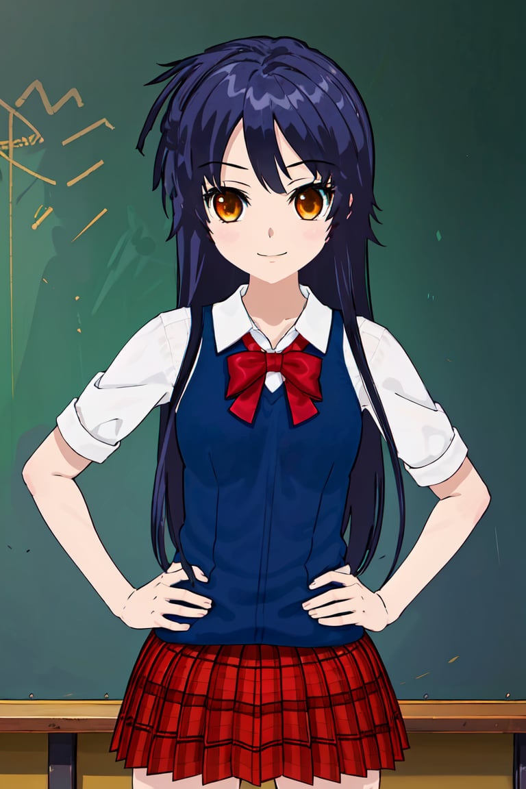 1girl, cowboy shot, standing, hand on hip, long hair, blue hair, sidelocks, school uniform, plaid skirt, sweater vest, shirt, bowtie, orange eyes, classroom background, green blackboard, chalkboard, smile, anime style, detailed, 2D illustration, digital art, (masterpiece), high quality, high resolution, amberly