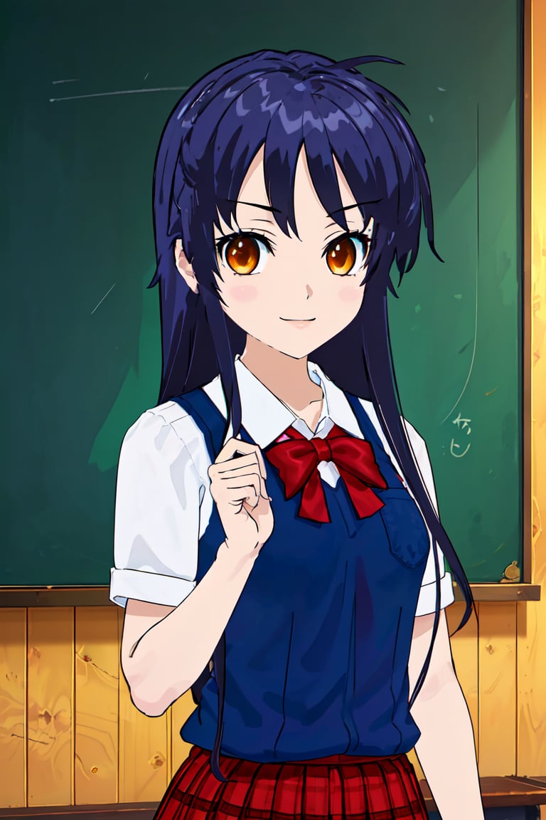 1girl, upper body, long hair, blue hair, sidelocks, school uniform, red plaid skirt, sweater vest, white shirt, red bowtie, orange eyes, classroom background, green blackboard, chalkboard, smile, anime style, detailed, 2D illustration, digital art, (masterpiece), high quality, high resolution, amberly