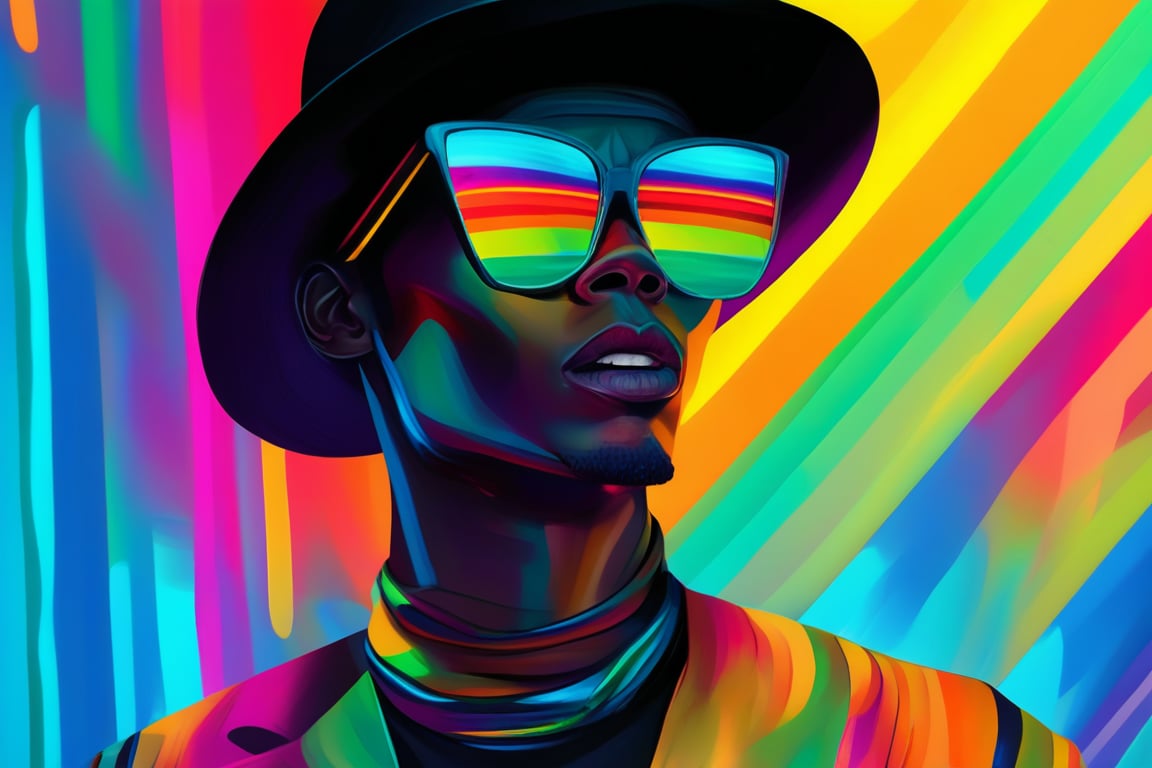 An artwork of a fashionable African American man wearing a black hat and colorful sunglasses, with a vibrant rainbow-colored striped background, in the style of Artgerm, in a digital art style, with ultra-detailed, bold colors, and high resolution, in a portrait orientation