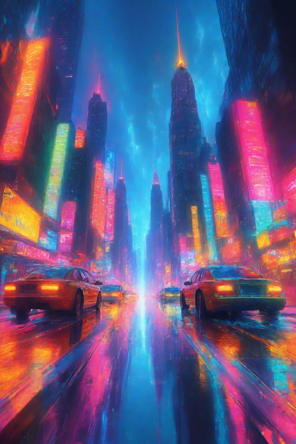 A futuristic cityscape at night, neon lights reflecting on the wet pavement, towering skyscrapers with holographic billboards, flying cars zipping through the sky, vibrant colors and dynamic lighting creating an otherworldly atmosphere, in the style of digital art, in the style of a neon color palette, high resolution